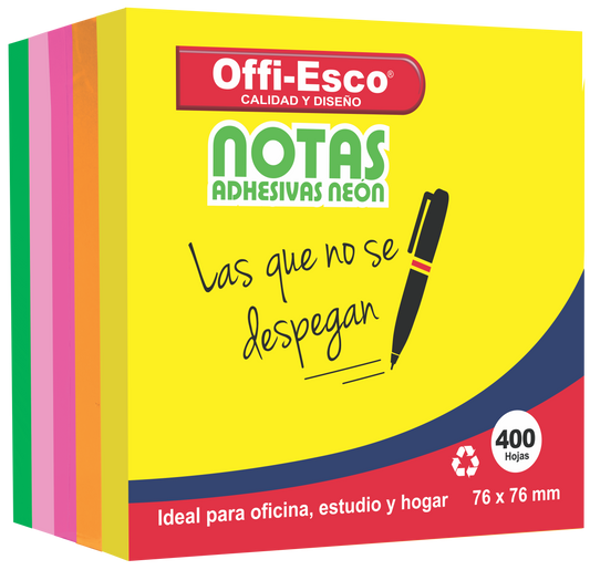 Notas adhesivas 76×76 mm Colores neón PQ x 400 hojas surtida OE-376