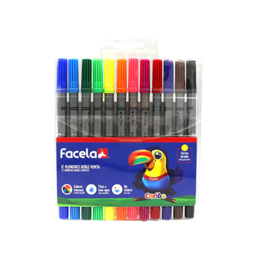 MARCADORES EN ESTUCHE FACELA 12 COLORES DOBLE PUNTA