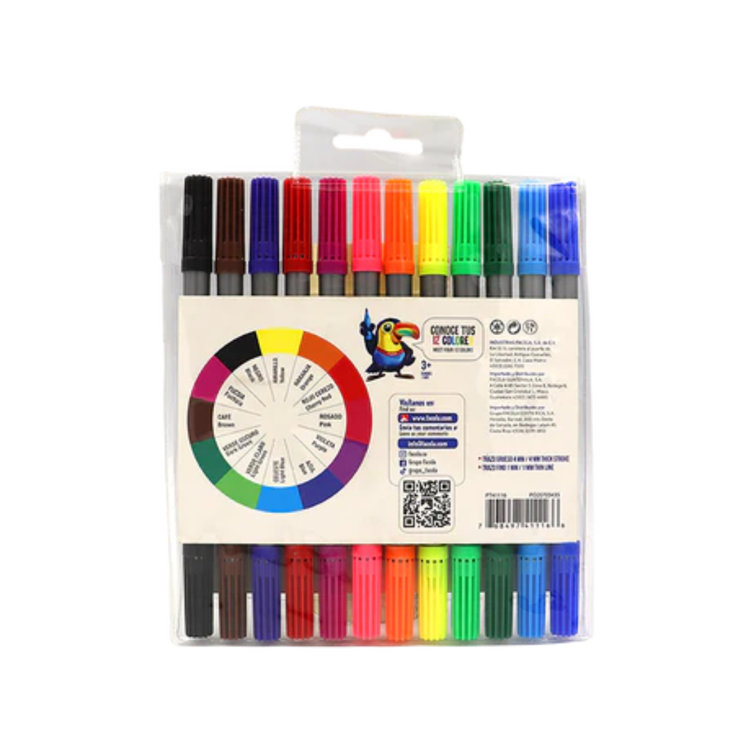 MARCADORES EN ESTUCHE FACELA 12 COLORES DOBLE PUNTA