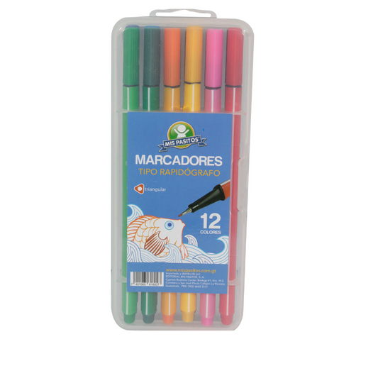 MARCADORES EN ESTUCHE PLASTICO TIPO RAPIDOGRAFO 12 COLORES MIS PASITOS