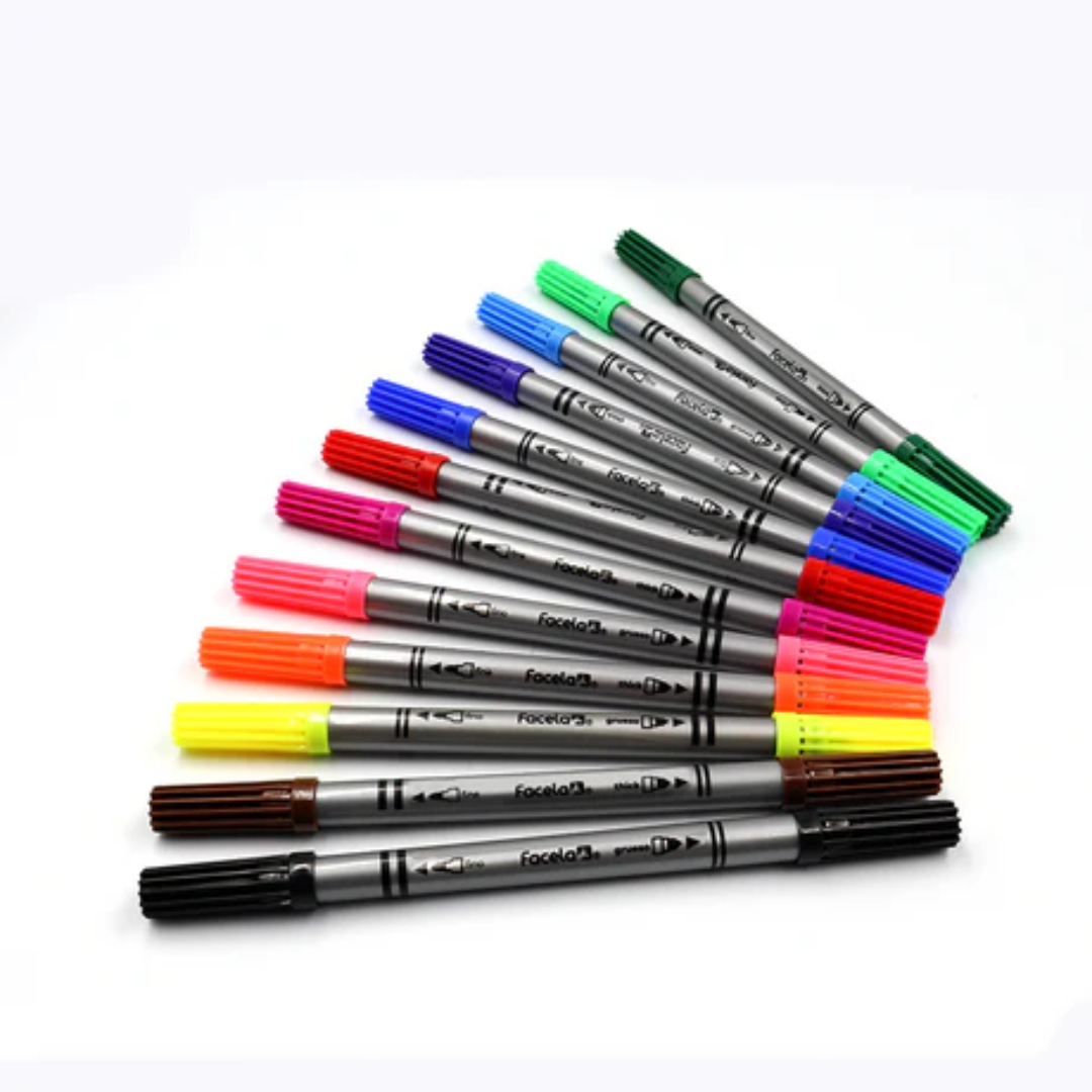 MARCADORES EN ESTUCHE FACELA 12 COLORES DOBLE PUNTA