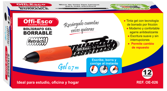 Bolígrafo gel borrable retráctil 0.7 m OE-026 NEGRO
