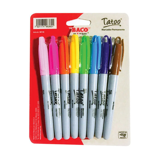 Marcador Permanente Delgado Fashion Blíster con 8 Piezas Tatoo